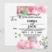 Roze en Witte Floral Greenery Wedding Invitation Kaart (Voorkant / Achterkant)