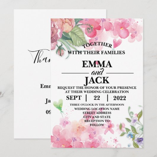 Roze en Witte Floral Greenery Wedding Invitation Kaart (Voorkant / Achterkant)