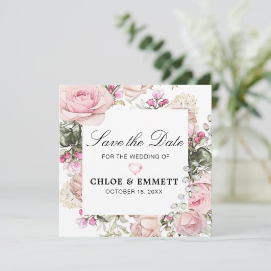 Roze en Witte Floral sparen de Datum Kaart (Staand voorkant)