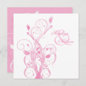 Roze en Witte Floral Square Wedding Invitation Kaart (Voorkant / Achterkant)