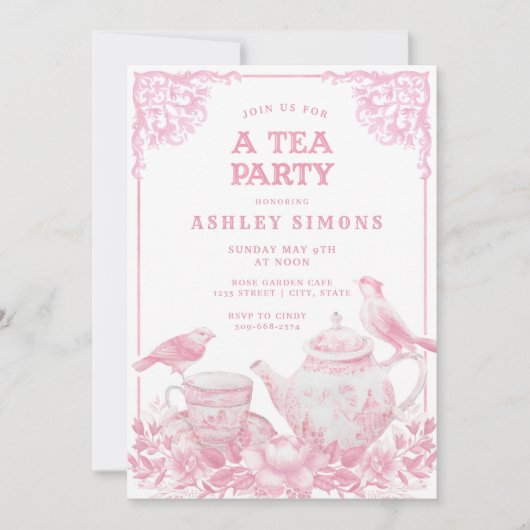 Roze en Witte Floral Tea Party Invitation Kaart (Voorkant)