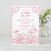 Roze en Witte Floral Tea Party Invitation Kaart (Staand voorkant)