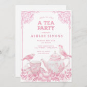 Roze en Witte Floral Tea Party Invitation Kaart (Voorkant / Achterkant)