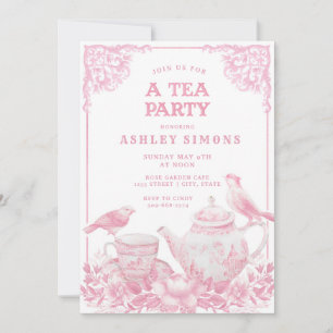 Roze en Witte Floral Tea Party Invitation Kaart