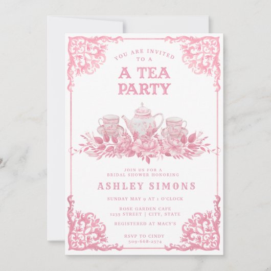 Roze en Witte Floral Tea Party Invitation Kaart (Voorkant)