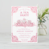 Roze en Witte Floral Tea Party Invitation Kaart (Staand voorkant)