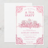 Roze en Witte Floral Tea Party Invitation Kaart (Voorkant / Achterkant)