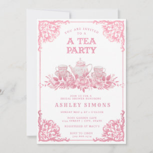 Roze en Witte Floral Tea Party Invitation Kaart