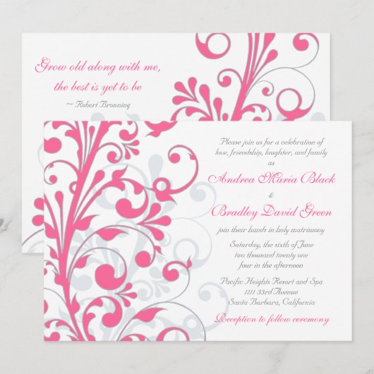 Roze en witte Floral Wedding Uitnodiging (Voorkant / Achterkant)