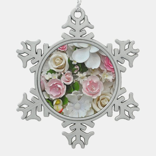 Roze en witte florale afdruk tin sneeuwvlok ornament (Voorkant)