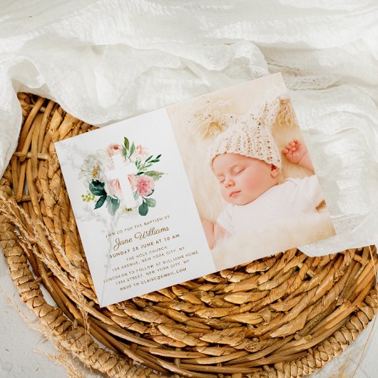 roze en witte floralen Baptisme foto Kaart