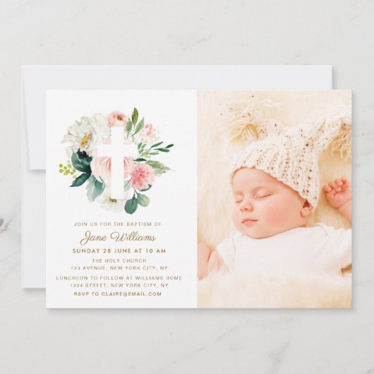 roze en witte floralen Baptisme foto Kaart (Voorkant)