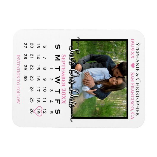 Roze en witte fotokalender bespaart onze datum bru magneet (Horizontaal)