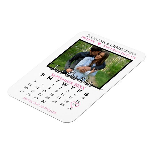Roze en witte fotokalender bespaart onze datum bru magneet (Linkerzijde)