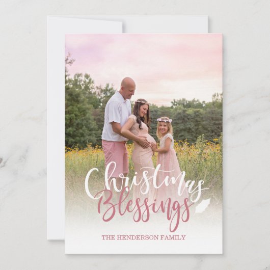 Roze en witte fotokerstkaart in mauve tint kaart (Voorkant)