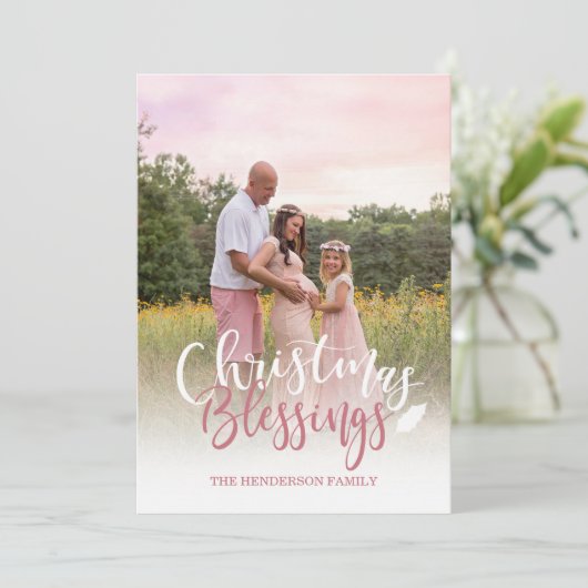 Roze en witte fotokerstkaart in mauve tint kaart (Staand voorkant)