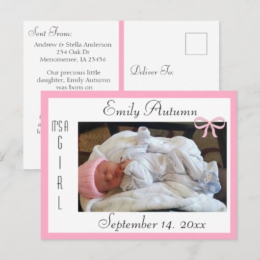  Roze en Witte Geboorteaankondiging Briefkaart (Voorkant / Achterkant)