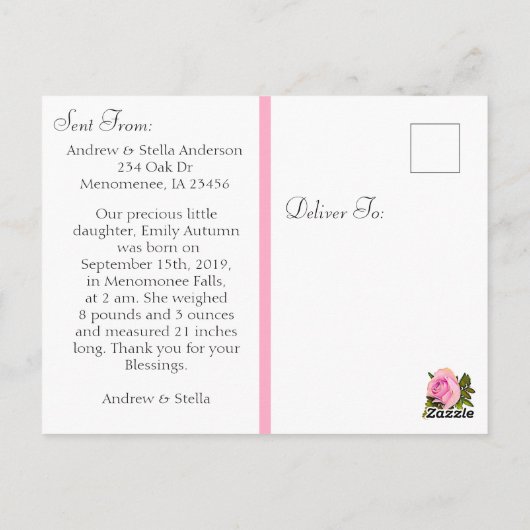  Roze en Witte Geboorteaankondiging Briefkaart (Achterkant)
