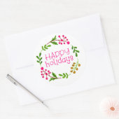 Roze en Witte Gelukkig Feestdagen Krans Ronde Sticker (Envelop)