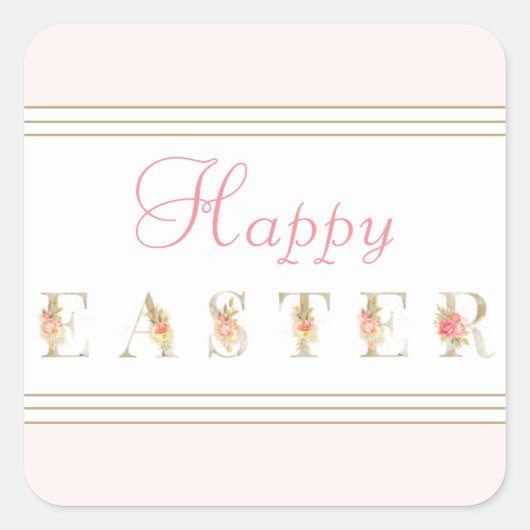 Roze en Witte Gelukkig Pasen Vierkante Sticker (Voorkant)