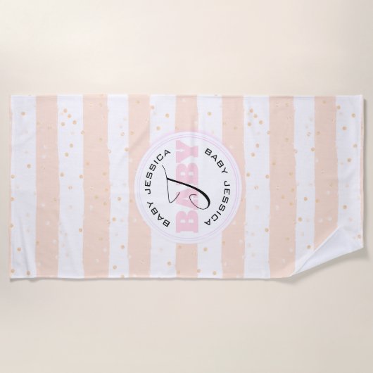 Roze en witte geMonogrammeerde Baby Stripes Strandlaken (Voorkant)