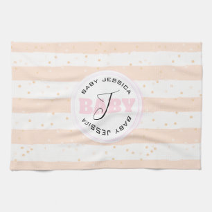 Roze en witte geMonogrammeerde Baby Stripes Theedoek