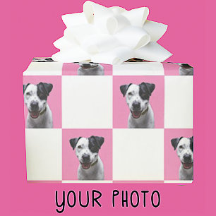 Roze en Witte Geruite Aangepaste Foto Cadeaupapier