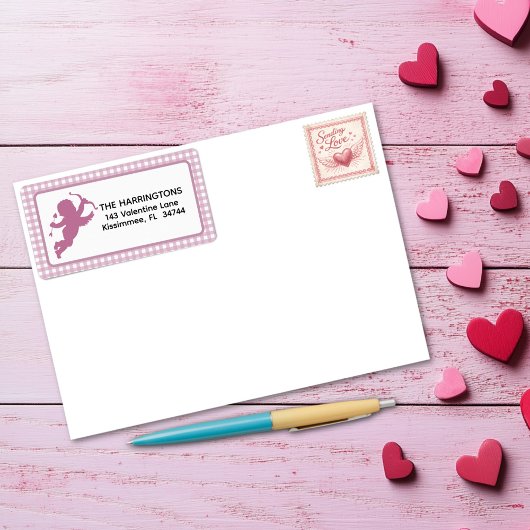 Roze en witte geruite Gingham Valentijn Cupido Etiket
