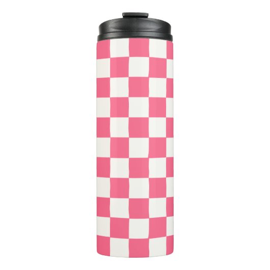 Roze en Witte Geruite Patroon Thermosbeker (Voorkant)