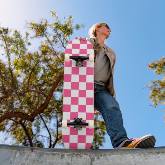 Roze en witte geruite print persoonlijk skateboard (Buiten 1)