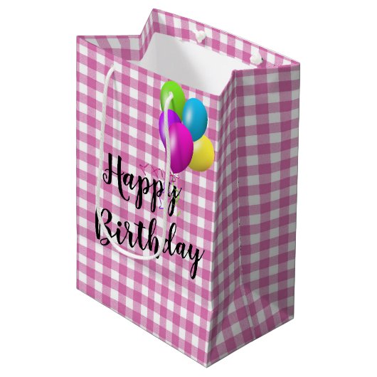 Roze en witte geruite verjaardag medium cadeauzakje (Voorkant Gekanteld)