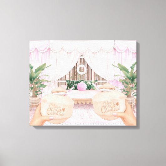 Roze en witte gestreept hotel pool Cabana | Kokosn Canvas Afdruk (Voorkant)