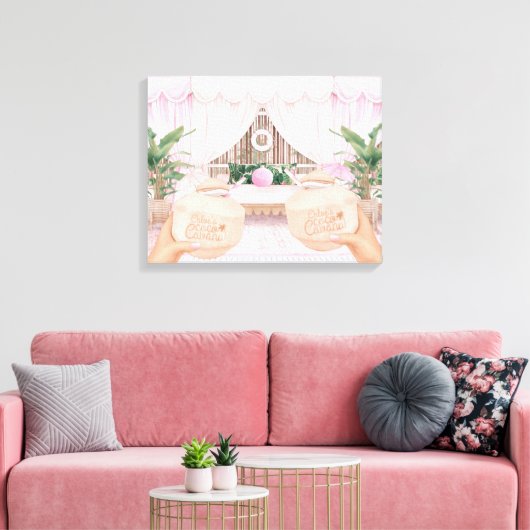 Roze en witte gestreept hotel pool Cabana | Kokosn Canvas Afdruk (Insitu (Woonkamer))