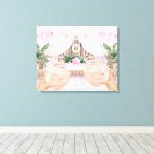 Roze en witte gestreept hotel pool Cabana | Kokosn Canvas Afdruk (Insitu (Houten vloer))