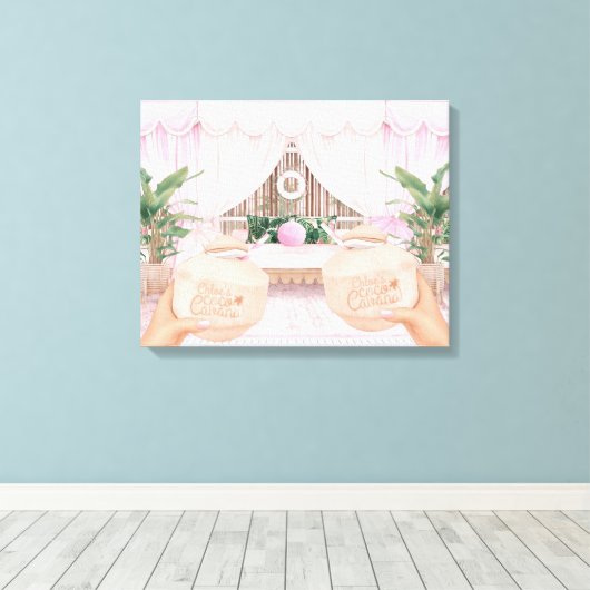 Roze en witte gestreept hotel pool Cabana | Kokosn Canvas Afdruk (Insitu (Houten vloer))