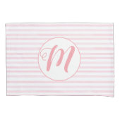 Roze en witte gestreept monogrammen kussensloop (Voorkant)