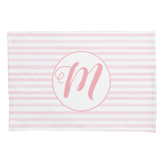 Roze en witte gestreept monogrammen kussensloop (Voorkant)