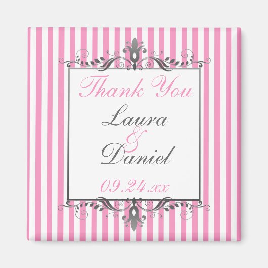 Roze en witte gestreepte trouwgunst magneet (Voorkant)