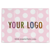 Roze en witte giftzak met polkadots en bedrijfslog groot cadeauzakje (Voorkant)