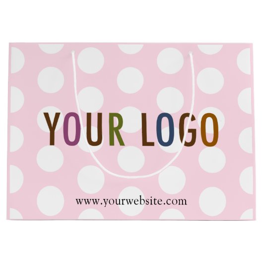 Roze en witte giftzak met polkadots en bedrijfslog groot cadeauzakje (Voorkant)