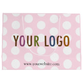 Roze en witte giftzak met polkadots en bedrijfslog groot cadeauzakje (Achterkant)