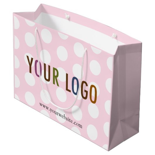 Roze en witte giftzak met polkadots en bedrijfslog groot cadeauzakje (Achterkant Gekanteld)