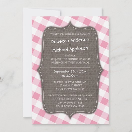Roze en Witte Gingham Canvas Wedding Invitations Kaart (Voorkant)