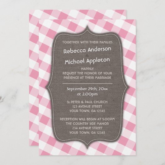 Roze en Witte Gingham Canvas Wedding Invitations Kaart (Voorkant / Achterkant)