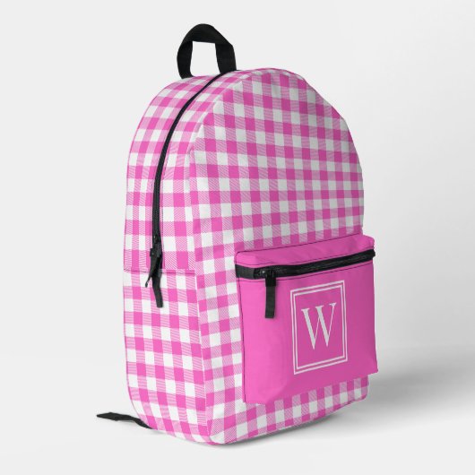 Roze en witte Gingham Check geruite Monogram Bedrukte Rugzak (Achterkant Hoek Links)