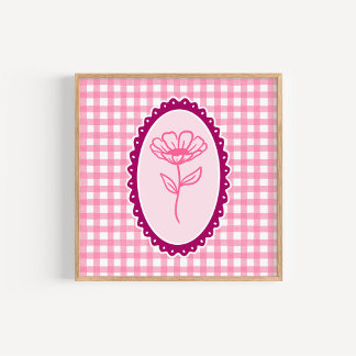 Roze en Witte Gingham en Frame Bloem Kunst Poster