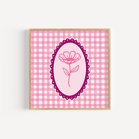 Roze en Witte Gingham en Frame Bloem Kunst Poster