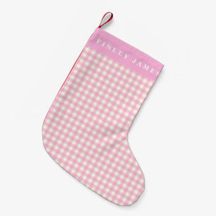 Roze en Witte Gingham Geruite Gepersonaliseerde Kleine Kerstsok