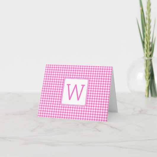 Roze en Witte Gingham Geruite Monogram Notitiekaartje (Voorkant)