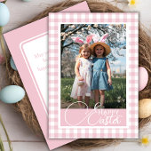 Roze en Witte Gingham Happy Easter Custom Foto Feestdagenkaart
